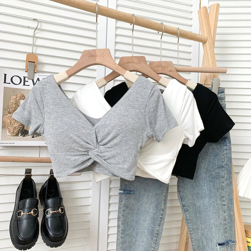 T Shirt  Woman Crop Tops Basic Short Sleeve Kawaii T Shirt Built In Bra Women Sexy Top Harajuku Korean Fashion