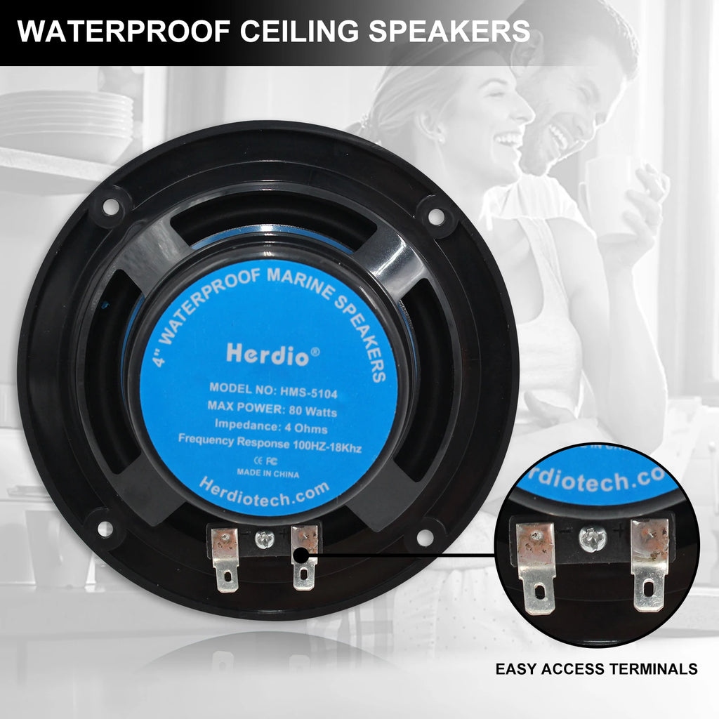 Herdio 4 Inch Ceiling Bluetooth Speakers Water Resistant 160W Marine Speakers For Bathroom Kitchen Home Outdoor Camper 2PCS