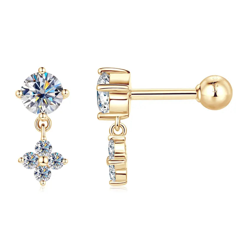 Free Shipping 10K Solid Gold 4mm & 1.6mm Round Moissanite Earrings Jewelry Delicate and Petite Dangling Earrings Wedding Gifts