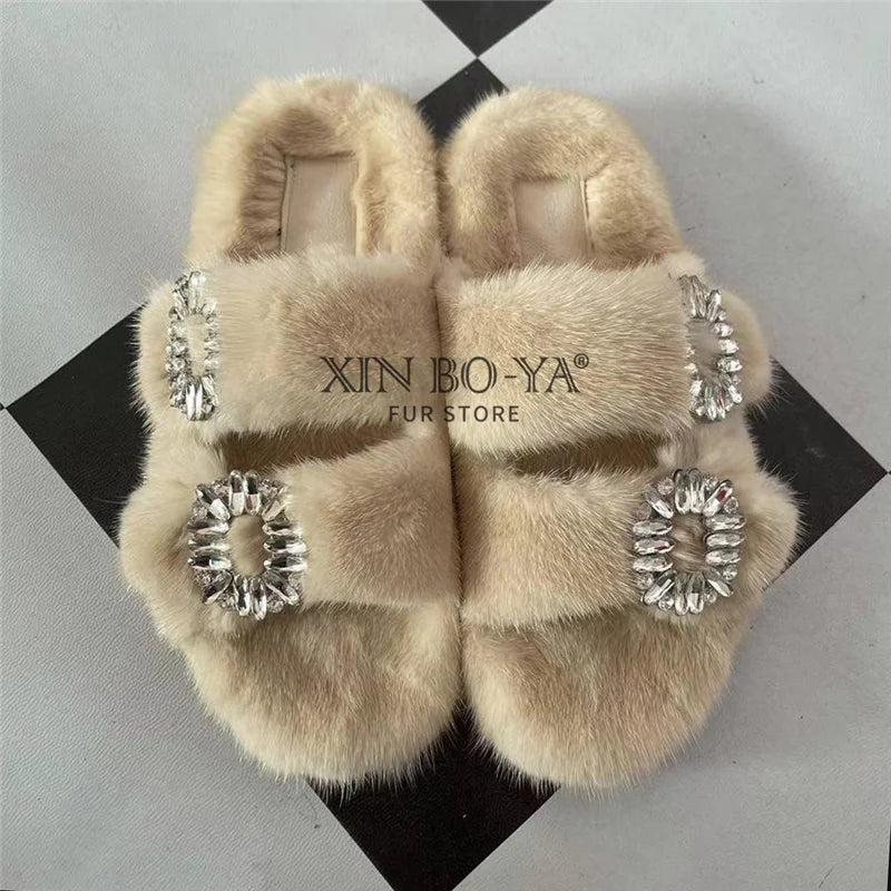 Wholesale Fur Slipper  Women Slides 2024 Women's Shoes Real Mink Fur Slipper  Flats Fashion Fur Slippers