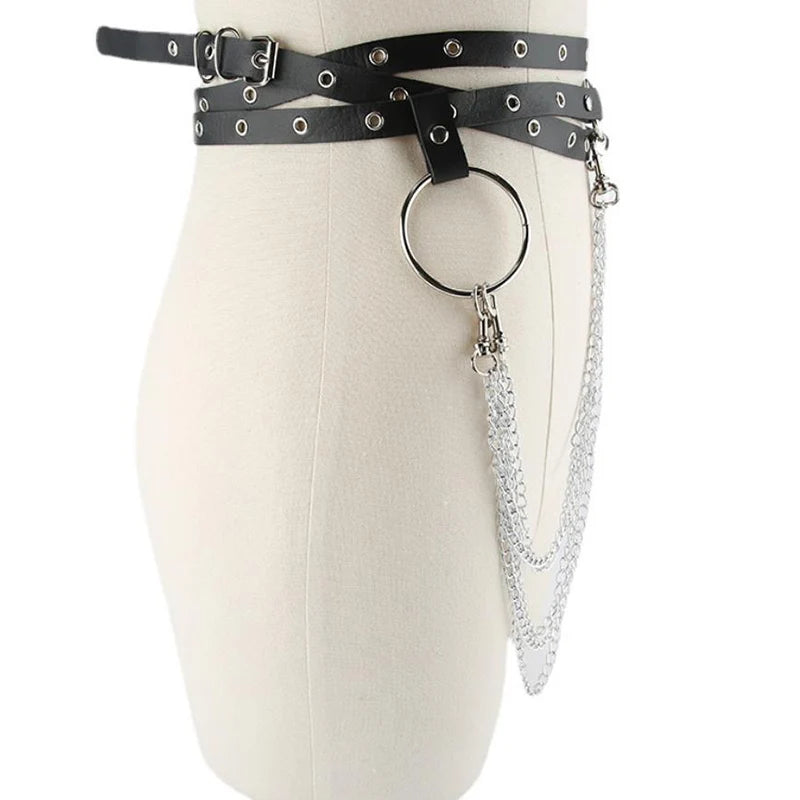 Female Leather Skirt Belts Punk Gothic Rock Harness Waist Metal Chain Body Bondage Hollow Belt Accessories For Lady