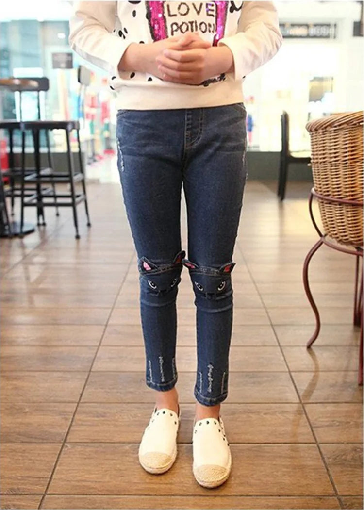 2026 Fashion Girl Jeans Cartoon Cat Jeans Print Blue Skinny Jeans Hole Pants Classic Chic Pants 3-11Y