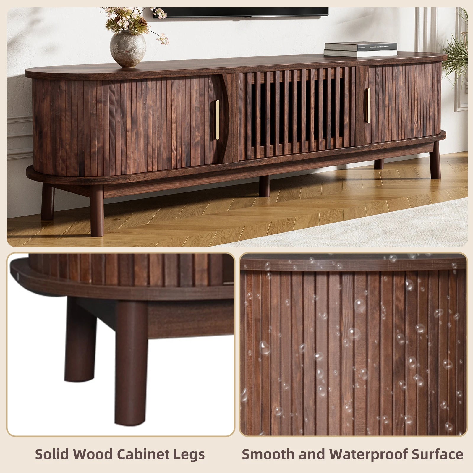 Mid-Century Living Room TV Stand for 75" TVs Wood Entertainment Center with Adjustable Storage Cabinet