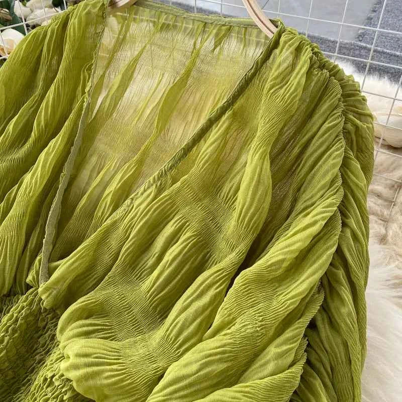 Summer Sexy Draped Chiffon Blouse For Women Elegant V-Neck Puff Long Sleeve Short Tops Female Slim Party Shirts 2022 New Fashion