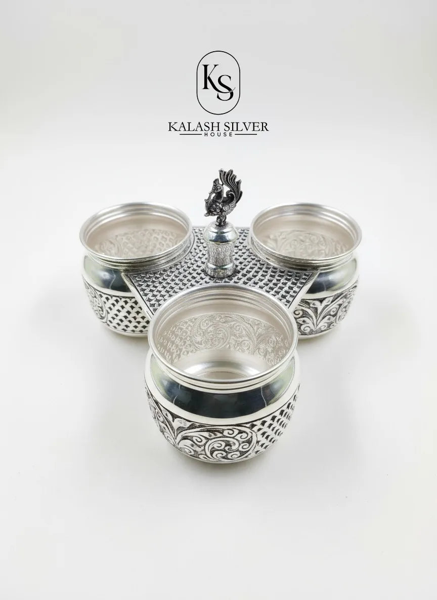 Elegant Silver 3 Bowl Cute Decorative Box Handcrafted Portable 301-400ml Gift for Luxury Home Decor & Spice