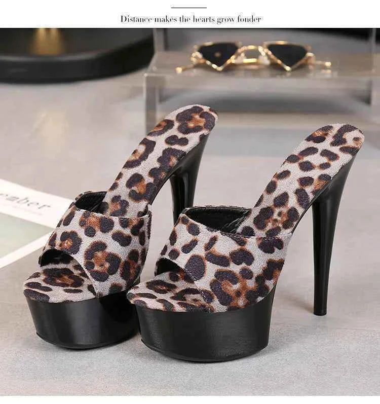 Voesnees Summer Slippers Women 2021 High Heels 15cm 17 CM Leopard Print Slip-On Platform Slides Sexy Catwalk Shoes Club Sandals