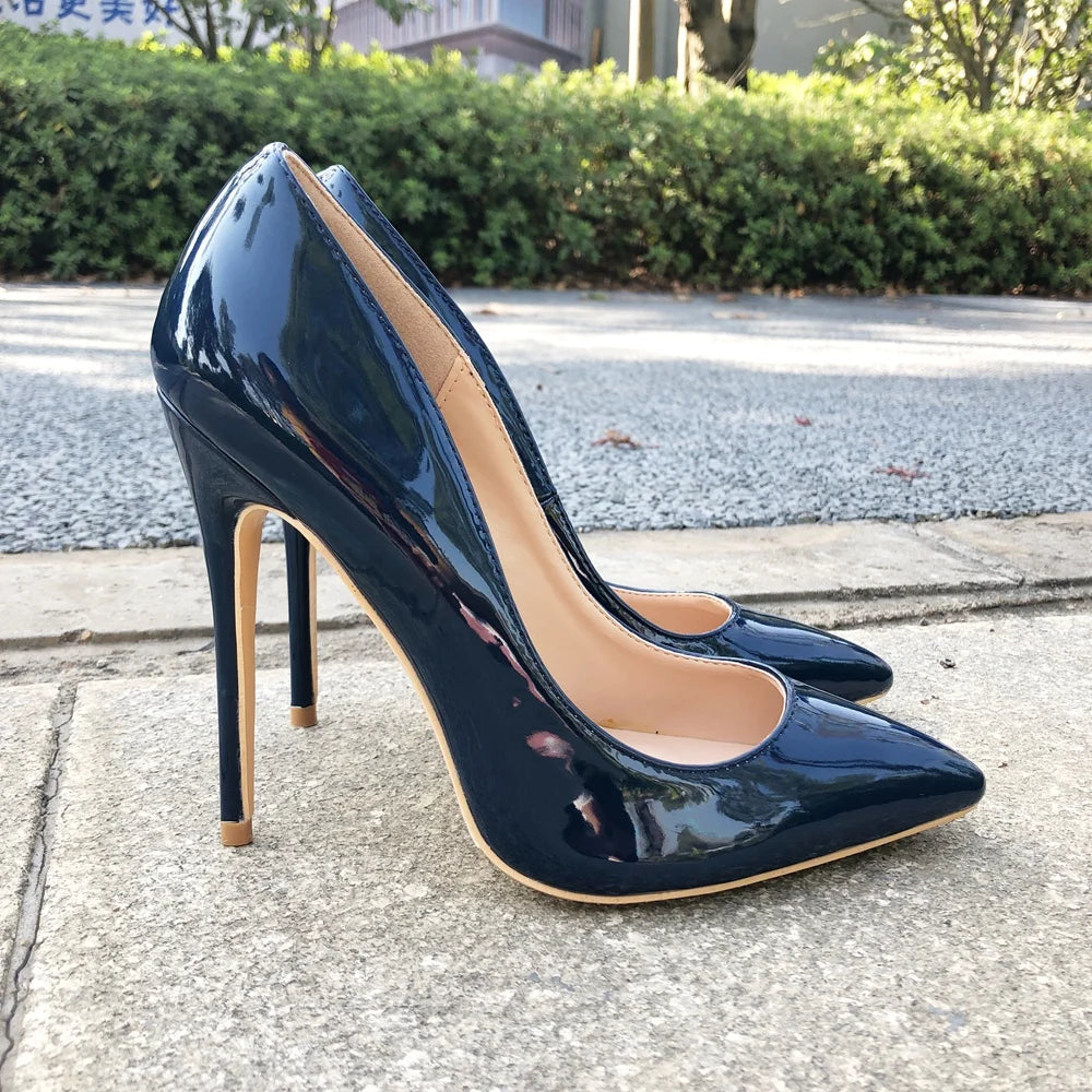 Tikicup Women Navy Blue Patent Pumps Low Cut Pointy Toe Stilettos Elegant Ladies Formal Slip On High Heels Fashion Dress Shoes