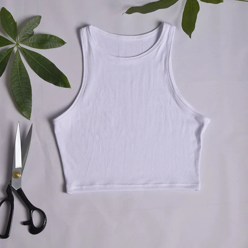 White Knitted Round Neck Women T-Shirt Sexy Sleeveless Camisole Crop Top Woman Tight Stretch Tank Top Ladies Tee Top Streetwear