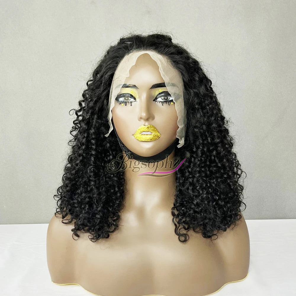 Factory Price Sdd Unprocessed Natural Black Raw Indian Hair,14Inches Pixie Curly 13X4 Frontal Transparent Lace Bob Wig Drop Ship
