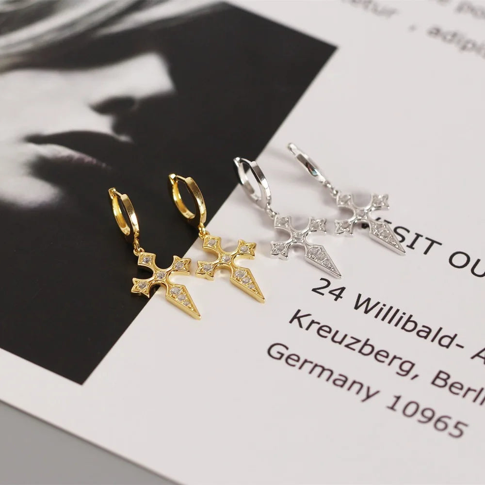 2024 Wholesale Fashion 925 Sterling Silver Cz Diamond Cross Earrings Dangle Hoop Earrings for Women Jewelry