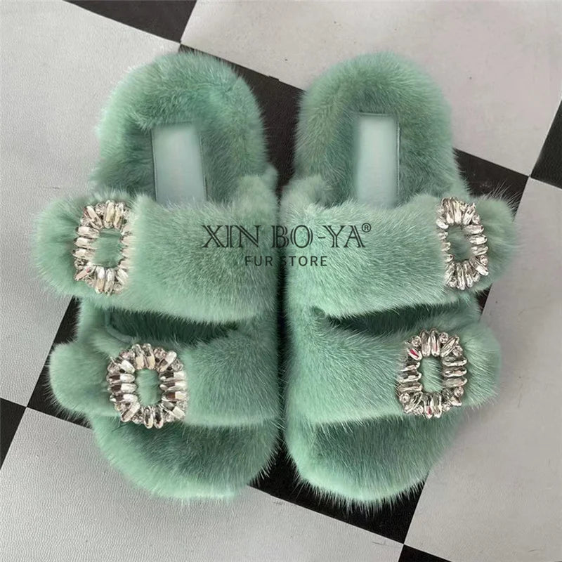 Wholesale Fur Slipper  Women Slides 2024 Women's Shoes Real Mink Fur Slipper  Flats Fashion Fur Slippers