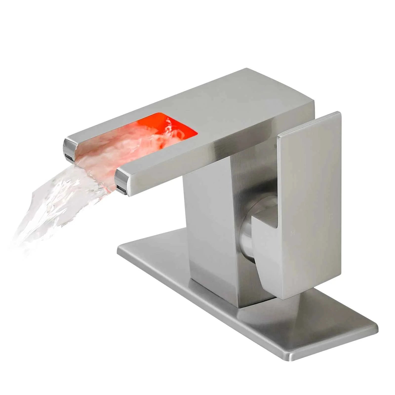 Modern LED 1-Hole Brushed Nickel Bathroom Faucet 304 Stainless Steel Waterfall Anti-Rust Lead-Free Basin Deck Plate Ceramic