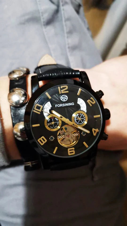Forsining Top Brand Luxury Tourbillion Mens Automatic Mechanical Watches Fashion Wave Black Golden Clock Multi Function Display