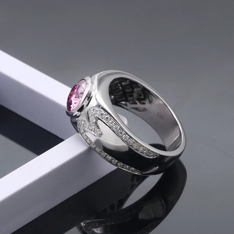 Free Shipping 8mm Two Carats Pink Moissanite Diamond 14K/18K Solid White Gold Engagement Ring for Men Classic Style for Wedding