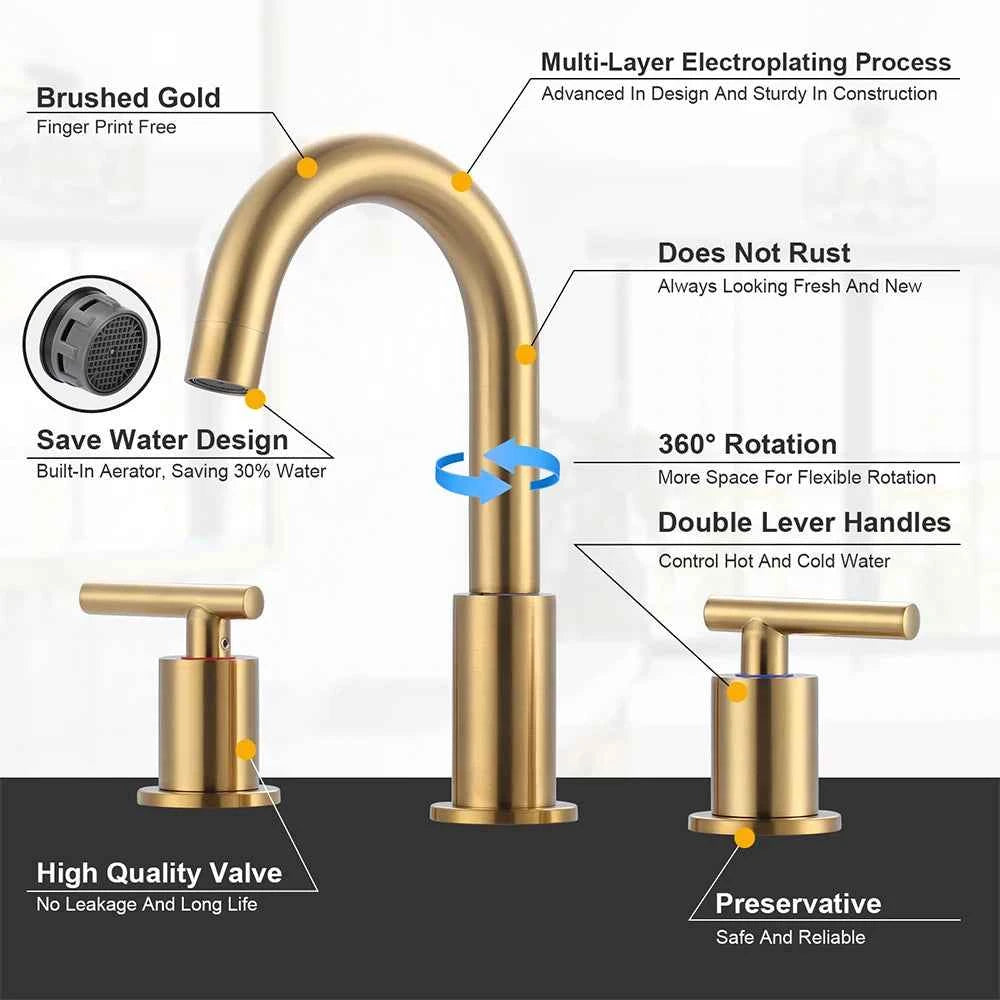 Brushed Gold Bathroom Vanity Water Faucet with 360 Degree Swivel Spout Bathroom Sink Faucet 3 Hole 2 Handle Gold Sink Faucet