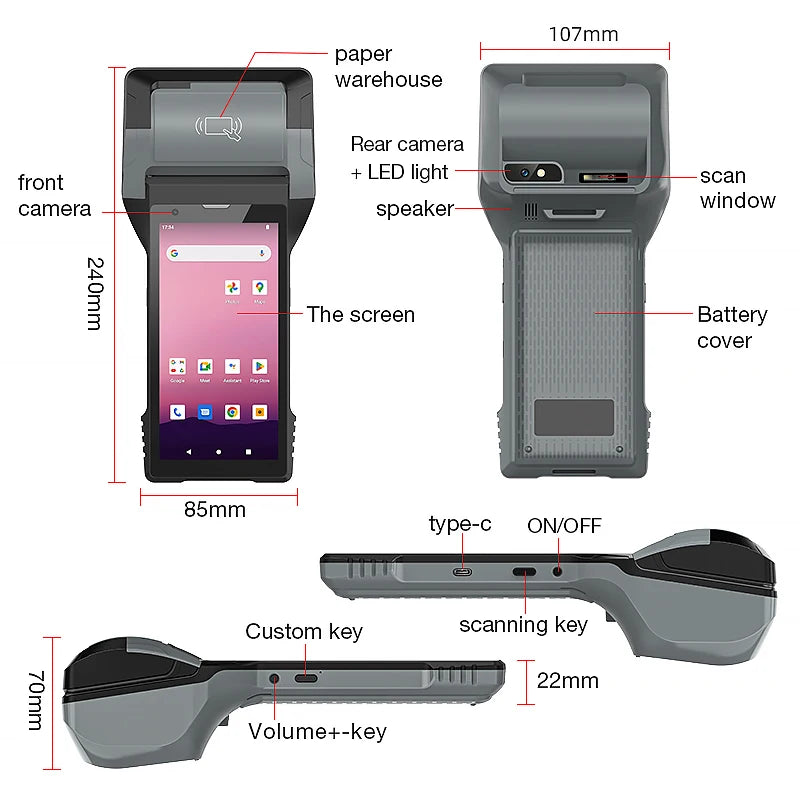 Newly Hot Selling 4GB RAM 128GB ROM Mobile Android 12.0 Handheld Data Collector POS Printer PDA Terminal for Electricity Bill