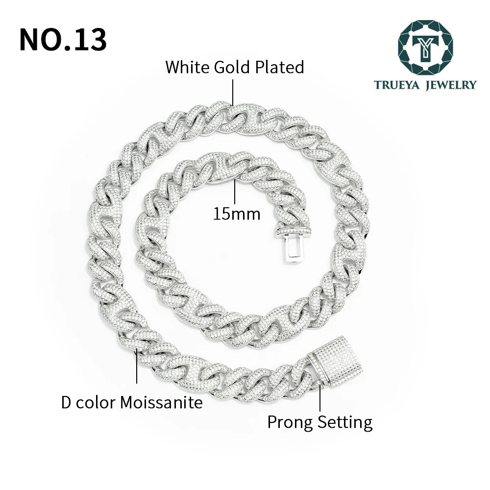 Miami Mossanite Jewelry Hip Hop Unisex Necklace 925 Sterling Silver Vvs Certified 15mm Piggy Cuban Link Moissanite Diamond Chain