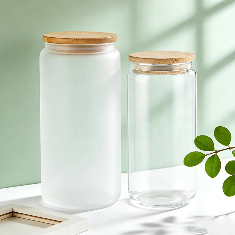 USA Warehouse 16oz 20oz Borosilicate Sublimation clear Frost High Grade Glass Cups Bottle Beer Can With Bamboo Lid and Straws