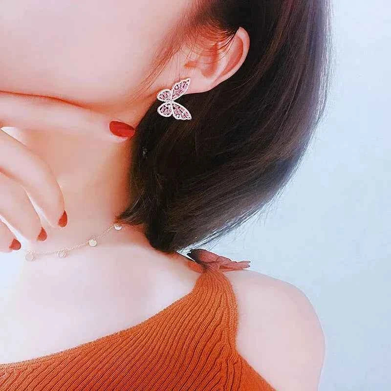 2023 New Butterfly Zircon Earrings Women's Korean Luxury Jewelry Literary Style Earrings Net Red Temperament Simple New Earrings
