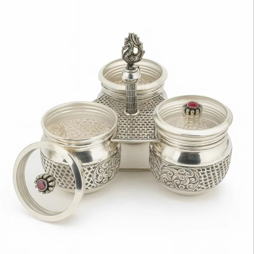 Elegant Silver 3 Bowl Cute Decorative Box Handcrafted Portable 301-400ml Gift for Luxury Home Decor & Spice