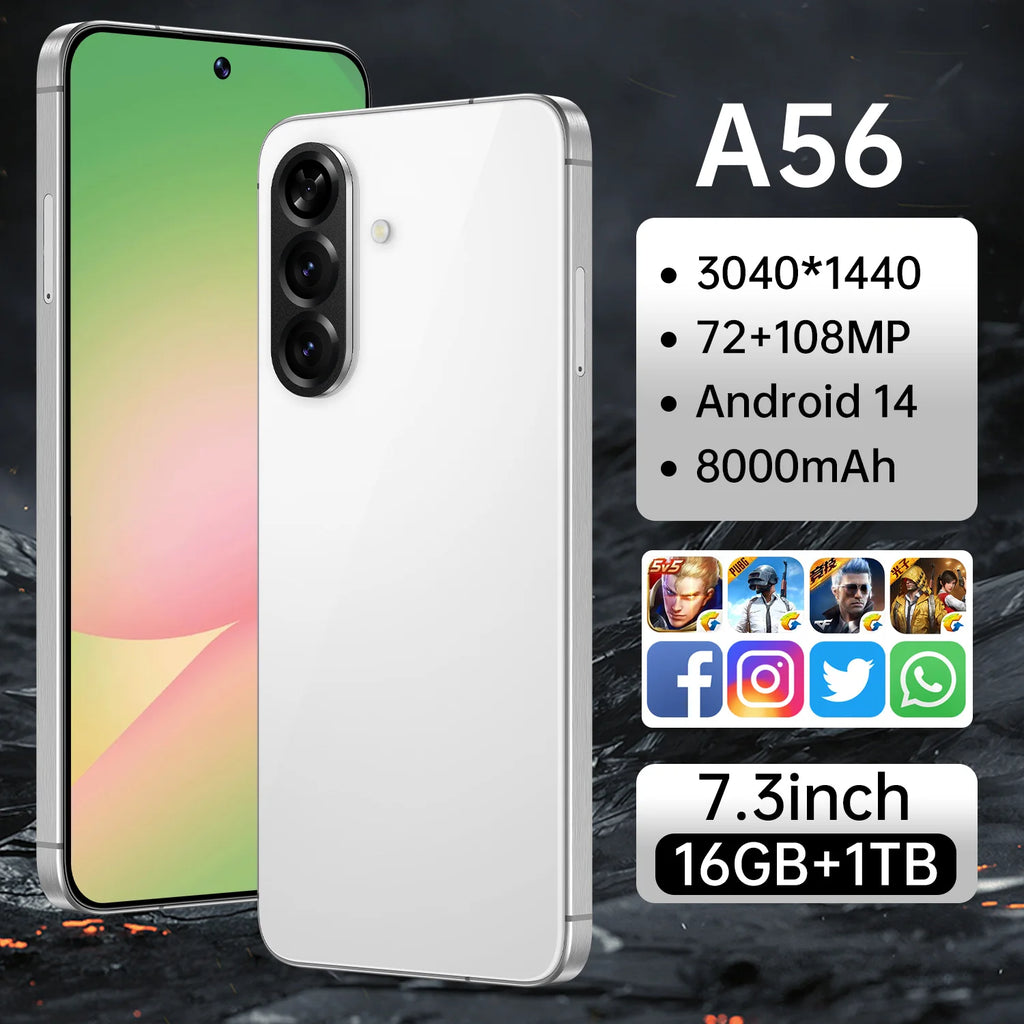 Brand New A56 5G Smartphone 7.3 Inch Face Unlock 16GB+1TB Android 14 72+108MP HD Camera Dual Card Shockproof CDMA Gaming Phone