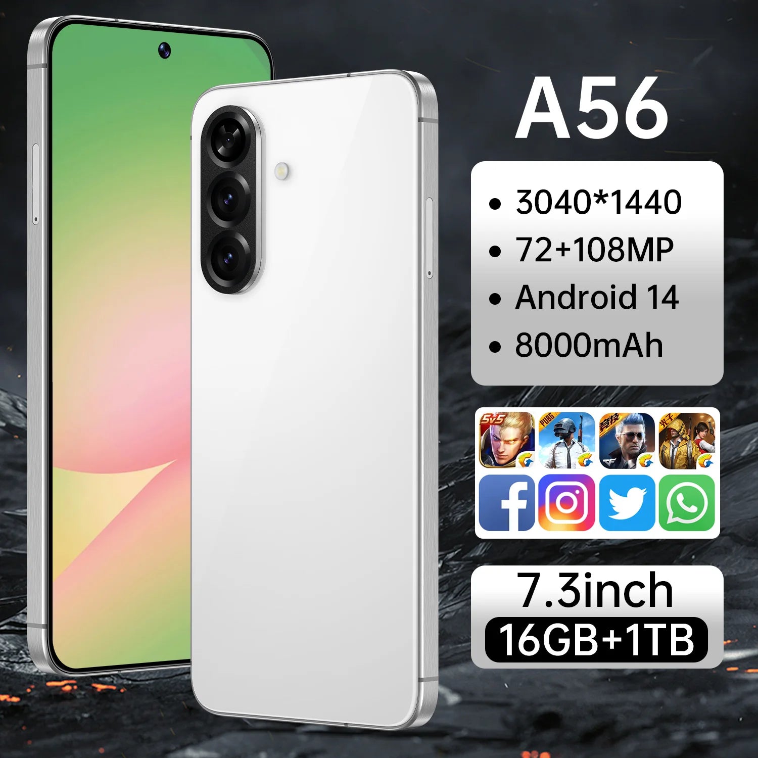 Brand New A56 5G Smartphone 7.3 Inch Face Unlock 16GB+1TB Android 14 72+108MP HD Camera Dual Card Shockproof CDMA Gaming Phone