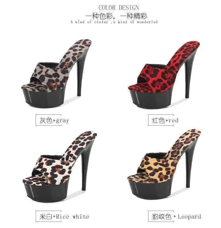 Voesnees Summer Slippers Women 2021 High Heels 15cm 17 CM Leopard Print Slip-On Platform Slides Sexy Catwalk Shoes Club Sandals