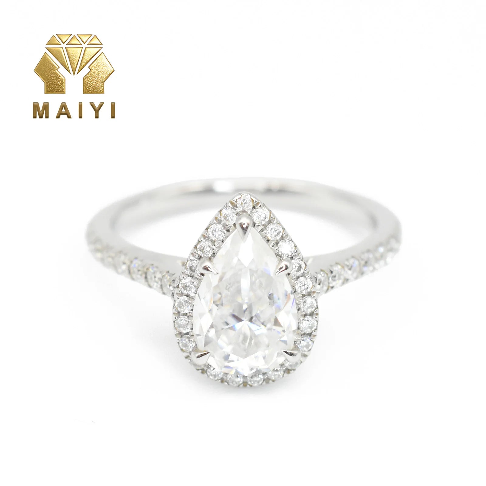 MaiYi Custom Design 9/10/14/18k Gold Lab Grown Diamond 1.5CT Pear Brilliant Cut Halo Moissanite Engagement Jewelry Wedding Ring
