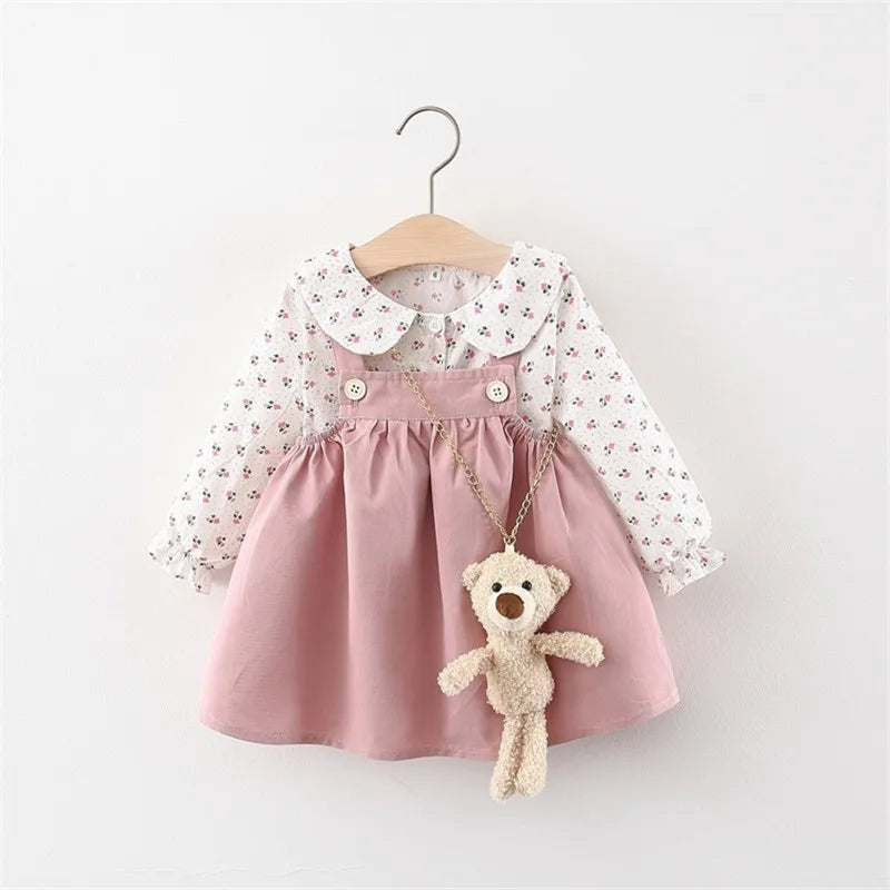 Autumn Baby Girls Clothes Outfits Toddler Princess Flower T-Shirt+ Strap Dress Suits for Girls Clothing 1 Year Birthday Set