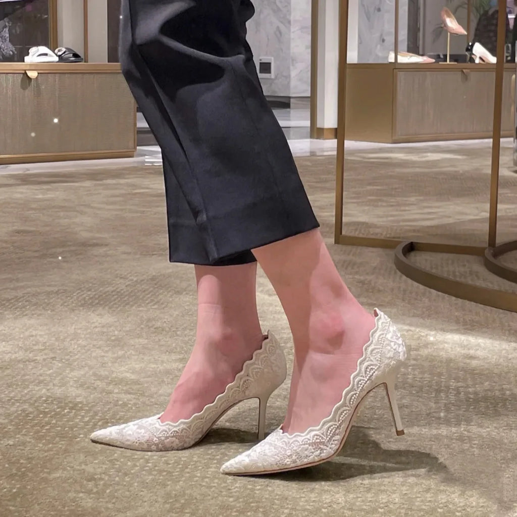 Pointed Toe6CM/8CM/10CM Ladies Lace Pumps White Wedding Sandalias Woman High Heel Sandals Fashion High Heel Lady Shoes