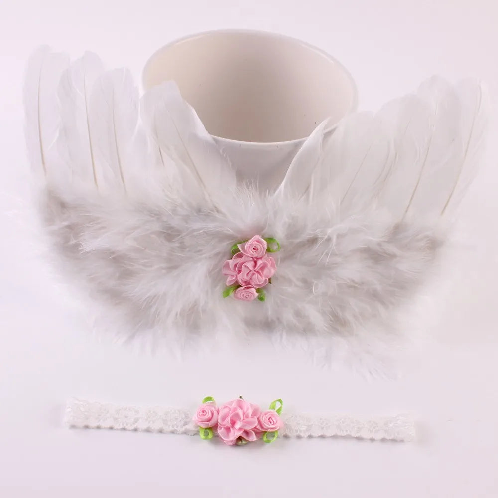 2pcs/set Cute Newborn Angel Feather Wings with Baby Girl Rose Flower Headband Hair Accessories for Infant Photography Props