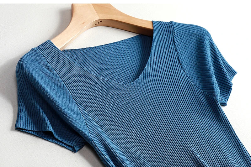 Pullover knitted Short Sleeve knitted Sweater Women Spring Summer Slim Basic Solid Casual Base Female knitting shirts 2024 Korea