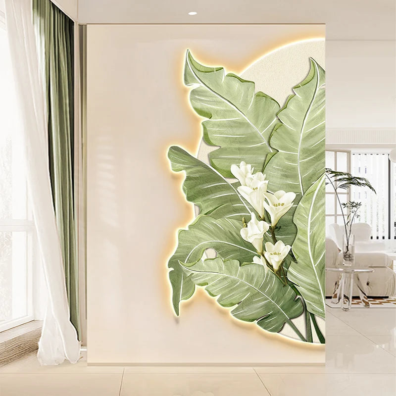 100*50CM Simplicity Flower Leaves Crystal Porcelain Modern Glass Wall Painting with Led  for Home Decor Living Room