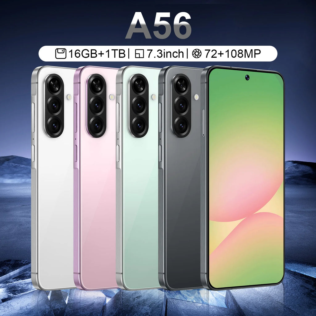 Brand New A56 5G Smartphone 7.3 Inch Face Unlock 16GB+1TB Android 14 72+108MP HD Camera Dual Card Shockproof CDMA Gaming Phone