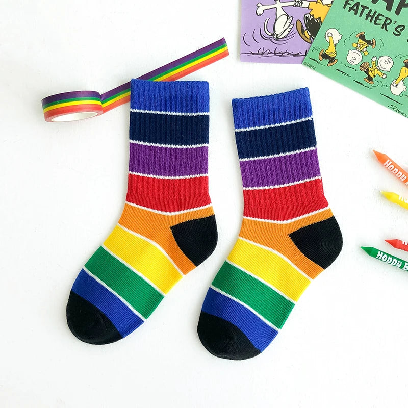 Kids Knee High Rainbow Socks Spring Summer Toddler Child Girls Boys Cotton White School Socks Stripe Long Sock Baby Accessories