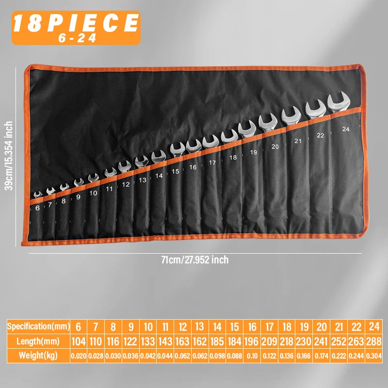 Combination Wrench Set Manufacture 18 Pcs  8mm-24mm Double Head Chrome Vanadium Steel Usa Combination Open End Wrench Set