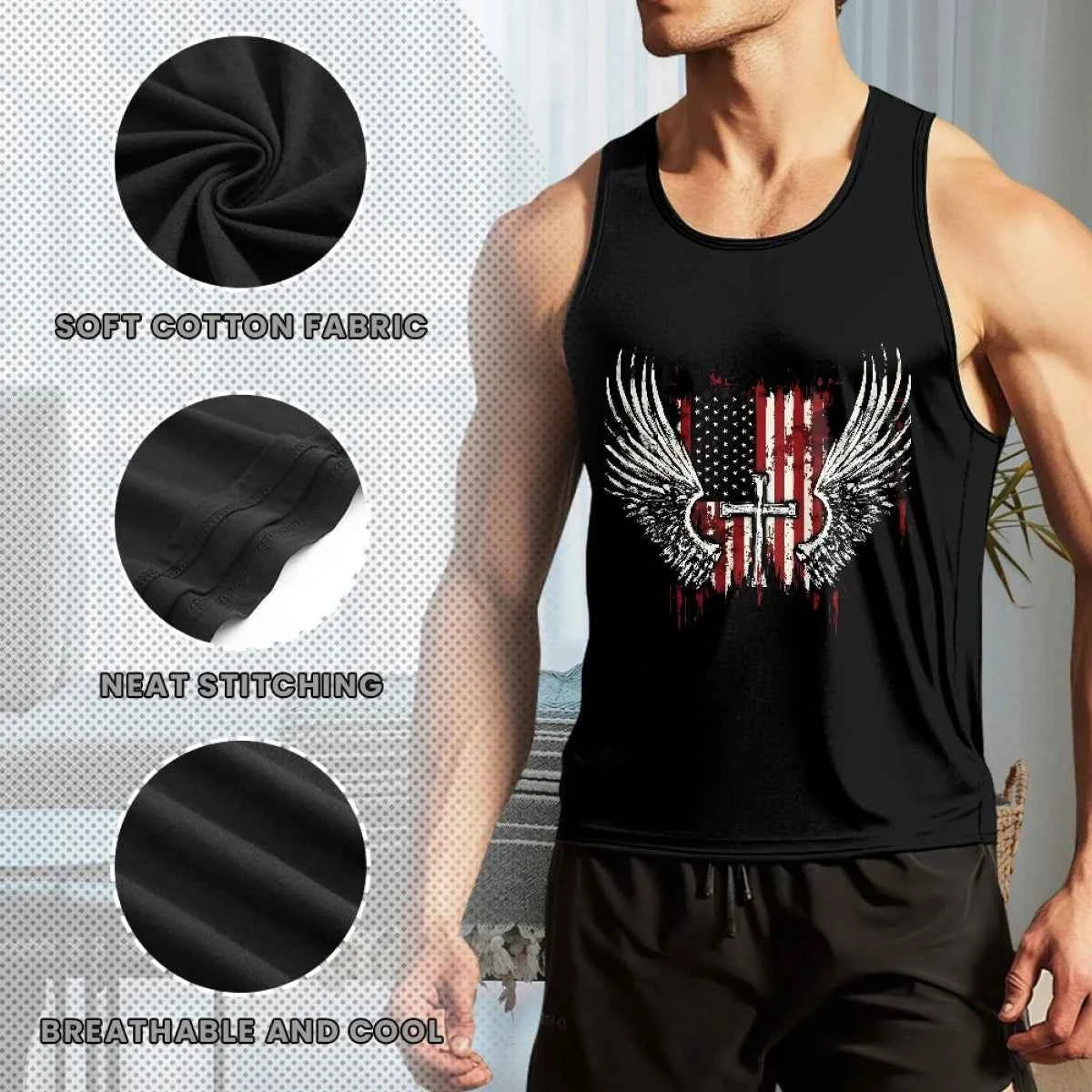 Made in USA Free Shipping MOQ 1pcs American Angel Cross Pattern High-Street Men's Underwear Vest 100% Cotton Fitness Sleeveless