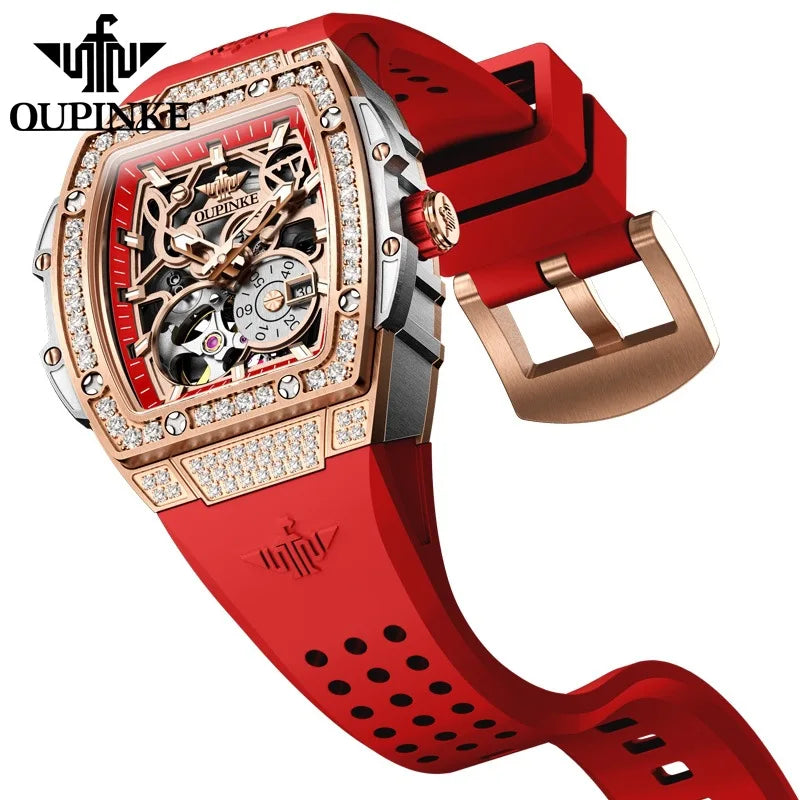 OUPINKE 3220 Hollow Skeleton Hollow Tourbillon Design Stainless Steel Sports Fashion Lady Automatic Mechanical Watch for Woman