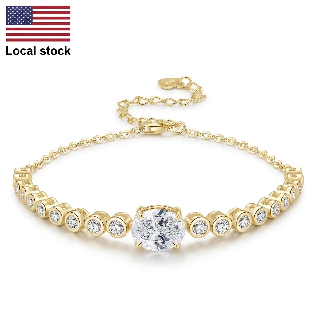 Free Shipping Fine Jewelry 925 Silver 14K Gold Plated Oval Cut 8x10mm 3.0ct Moissanite Bolo Bracelet with Bling Stones for Women