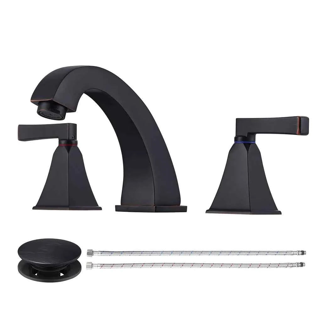 Oil Rubbed Bronze Bathroom Faucet 3 Hole,Antique Vanity Tap, 8" Widespread Bathroom Sink Faucet with Drain&CUPC Supply Hoses