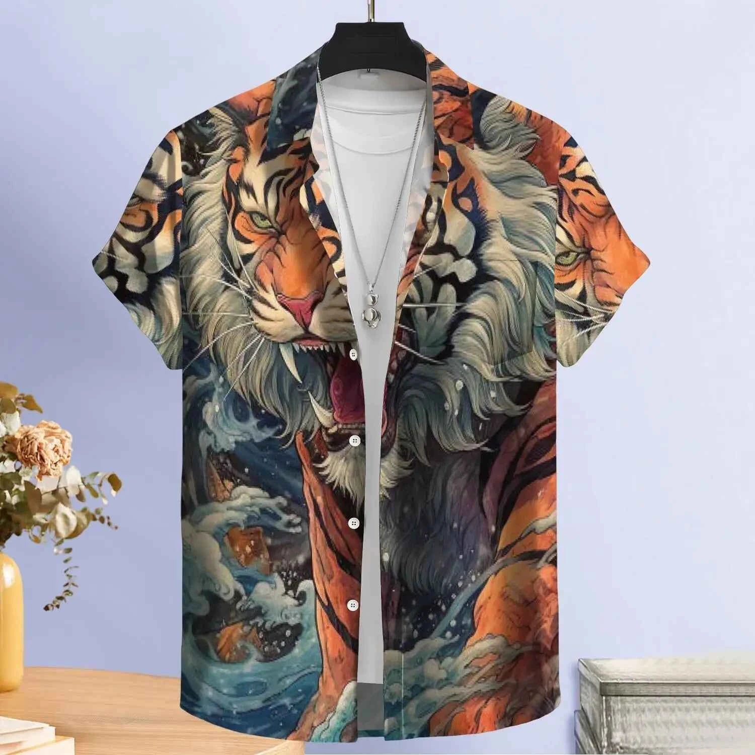 Custom Ukiyo-e Tiger Shirt Men's Hawaiian Shirt Japanese Wave Art Inkjet-Printed Pattern Unique Tiger Design Shirt