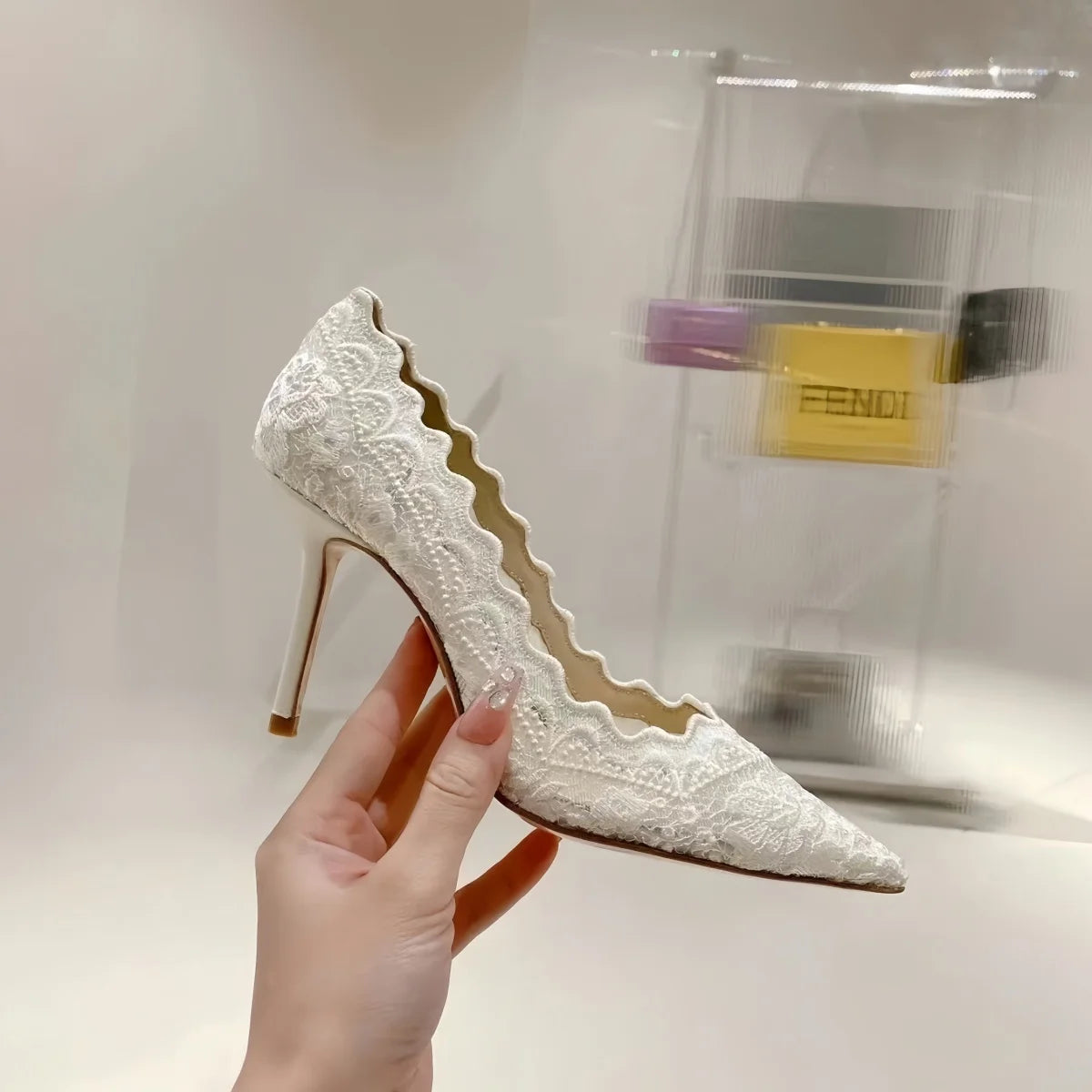 Pointed Toe6CM/8CM/10CM Ladies Lace Pumps White Wedding Sandalias Woman High Heel Sandals Fashion High Heel Lady Shoes