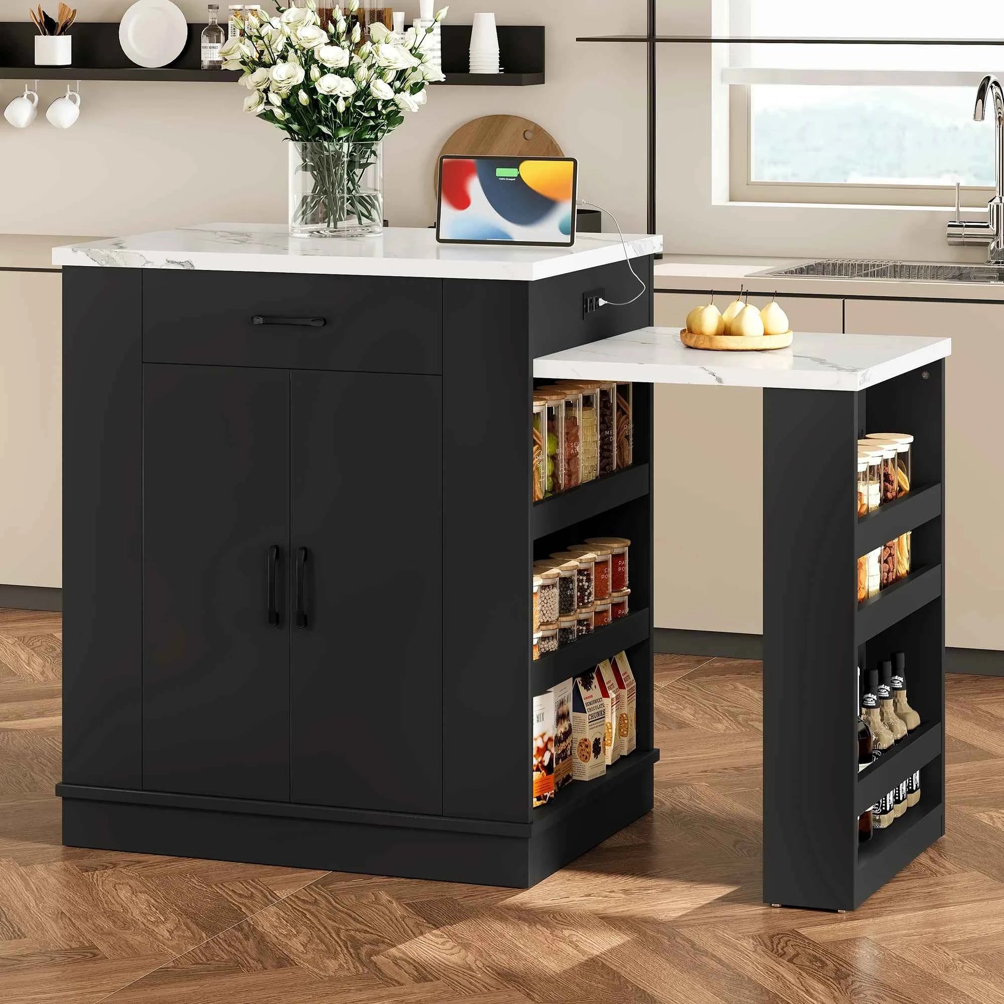 Extendable Island Console with Drawers, Double-door Cabinet, and Open Shelving. Serves As Dining Table