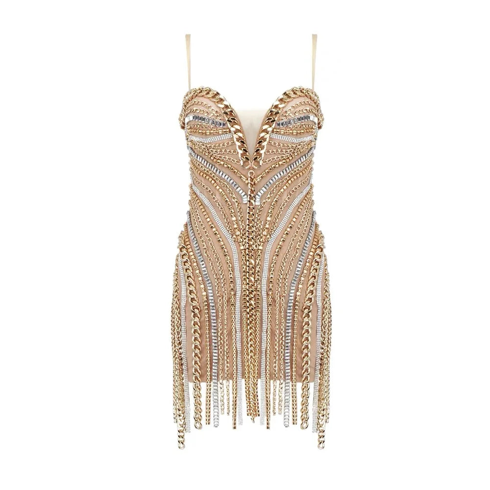 ED2566 Summer Satin Sequined Crossover High Ding Metal Chain Sexy Deep V Tube Top Short Bodycon Party Dress