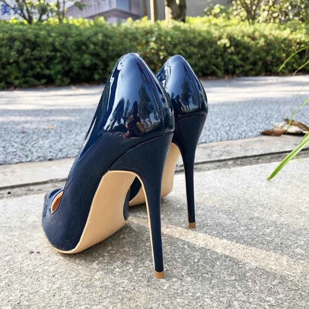 Tikicup Women Navy Blue Patent Pumps Low Cut Pointy Toe Stilettos Elegant Ladies Formal Slip On High Heels Fashion Dress Shoes