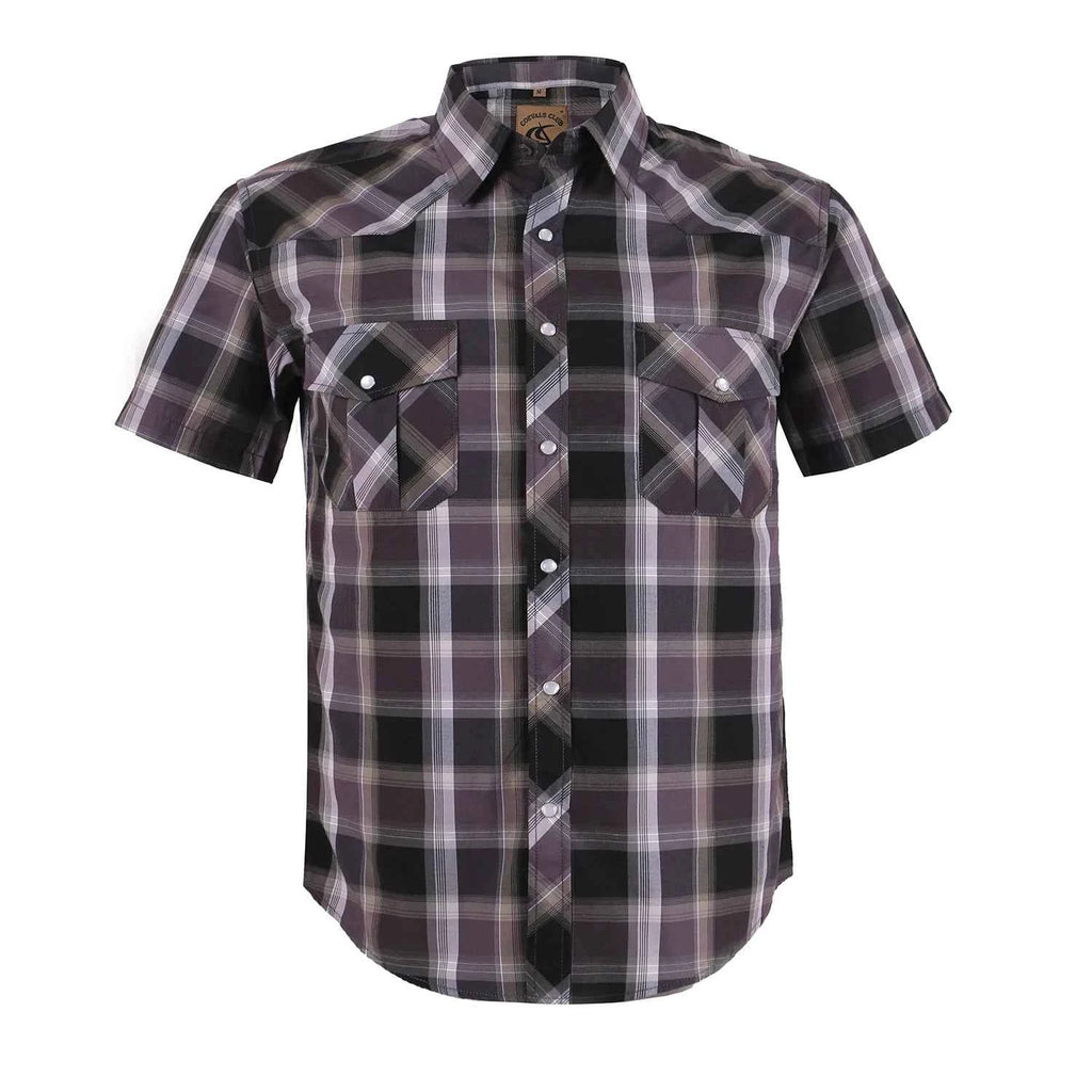 Men's Western Pearl Snap Button up Casual Cowboy Short Sleeve Two Pockets Work Plaid Shirts