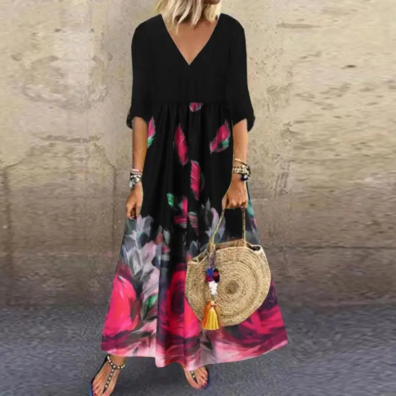 ZANZEA Summer Maxi Dress Women's Vintage Printed Sundress Casual Loose Short Sleeve Vestidos Vacation High Waist Robe Femme 2024
