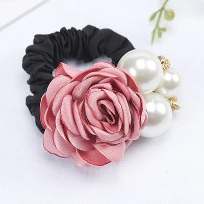 Fashion Women Rose Elastic Scrunchies Hair Bands Big Flower Rhinestones Pearls Flower Hair Rope Rubber Ponytail Hair Accessories