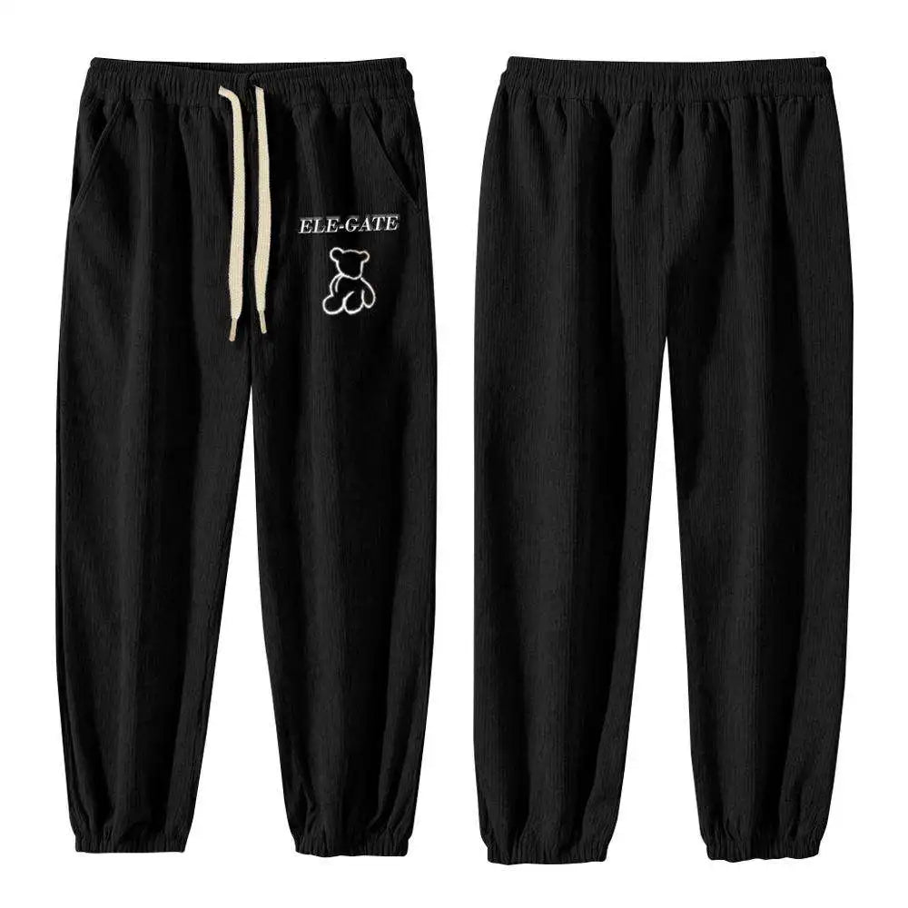 Thermal Cotton Bamboo Fiber Pants Fleece Lining Waterproof High Waist Drawstring Closure Casual Print-Teddy Bear Design Unisex