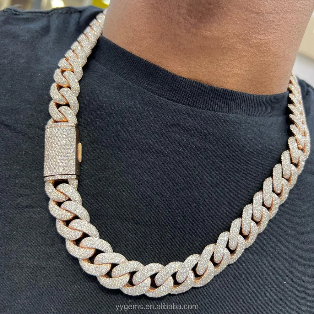 Custom Moissanite Heavy Silver Chain for Men 13mm-22mm  S925 Solid Rose Gold Plated Diamond VVS Moissanite Cuban Chain